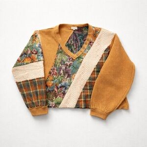 Pol Coral Haze Multi patchwork waffle knit vneck long sleeve shirt size large